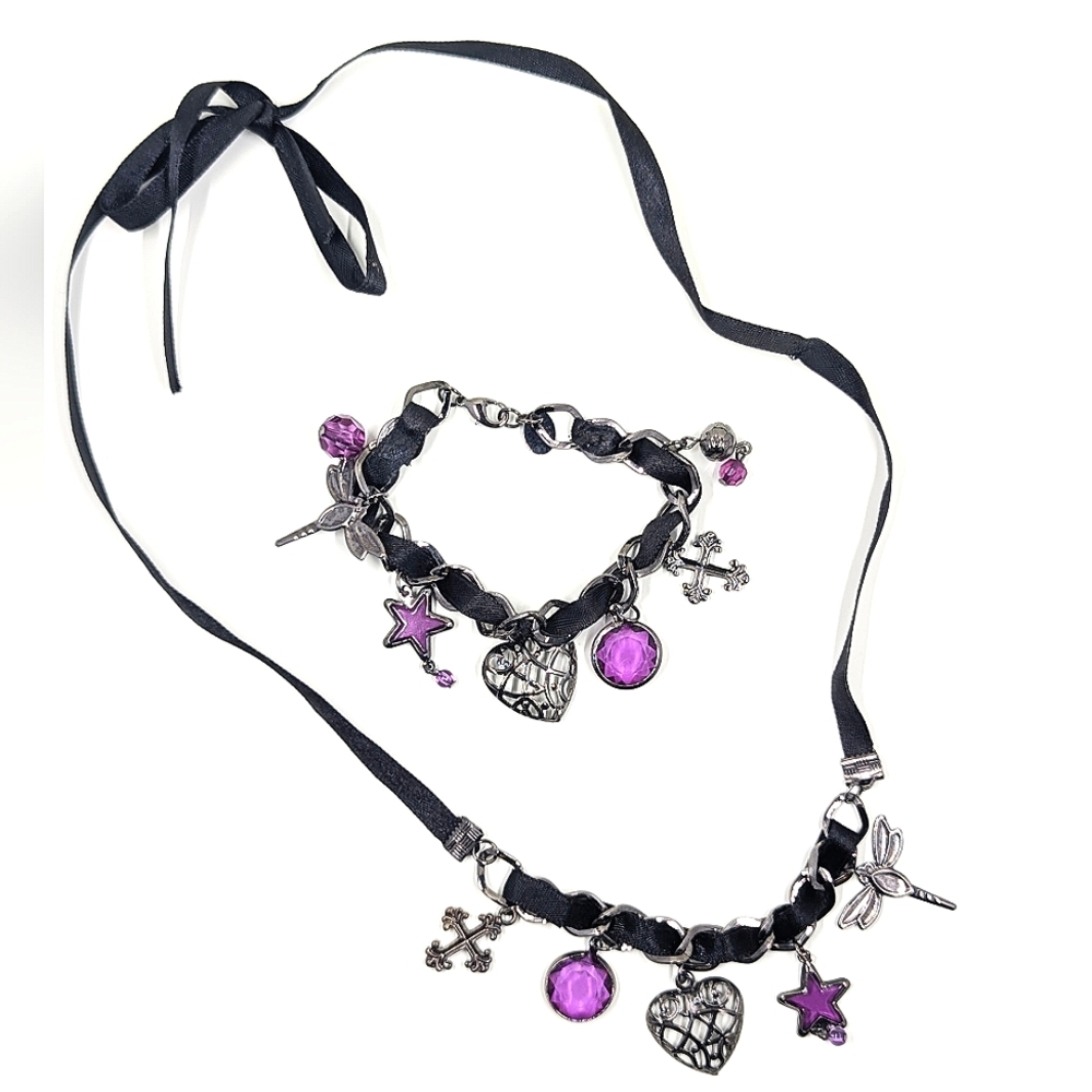 Claire's Gothic Braided Ribbon in Chain Charm Necklace w/ Matching Bracelet